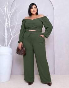 Plus Size Set: Off-The-Shoulder Cropped Top And Elegant High-Waisted Lined Palazzo Pants - Hijau Tentara - View 5