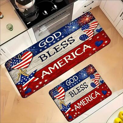 1pc/2pcs/3pcs God Bless America Independence Day Kitchen Bathroom Mat, American Flag Heart Star Pattern Non-Slip Durable Indoor Outdoor Entrance Rug, For July 4th Patriotic Home Decor, Suitable For Bathroom, Kitchen, Indoor And Outdoor Entrance
