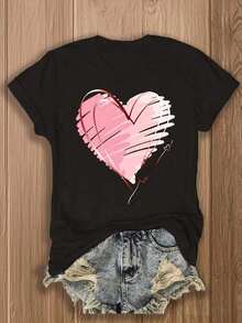 1 Piece, Three Pack Women's Short Sleeve Crew Neck T-Shirts, Vintage Casual Sporty Style, With Heart And Flower Print, 180g, 100% Cotton, Designs Are Printed. Unisex. - 黑2 - 查看 12