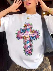 1 pieza de camiseta para mujer inspirada en la fe cristiana - Estampado floral de mariposas y cruz con frases inspiradoras de la Biblia (Dios dice que eres amada, especial y hermosa) - Camiseta casual de manga corta, cuello redondo y transpirable, cómoda para primavera y otoño. 180g 100% algodón, los diseños están completamente impresos. Unisexo. - Blanco - Ver 1