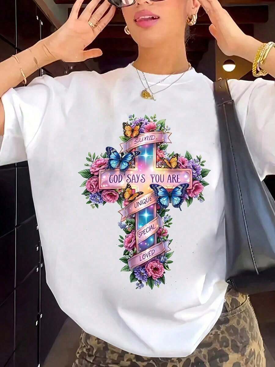 1 pieza de camiseta para mujer inspirada en la fe cristiana - Estampado floral de mariposas y cruz con frases inspiradoras de la Biblia (Dios dice que eres amada, especial y hermosa) - Camiseta casual de manga corta, cuello redondo y transpirable, cómoda para primavera y otoño. 180g 100% algodón, los diseños están completamente impresos. Unisexo. - Blanco - Ver 1