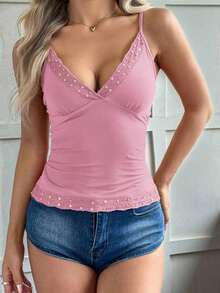 Top de tirantes finos estilo Y2K, de color sólido, sin espalda, ajustado y sexy, con encaje, estilo urbano para graduaciones, ideal para la playa en verano, citas, festivales de música, 4 de julio y más ocasiones informales. - Rosa 2 - Ver 2