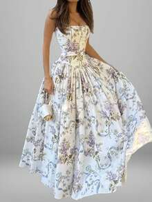 Vestido sin mangas primavera estampado combinado estilo europeo casual elegante para mujer - Dorado - Ver 1