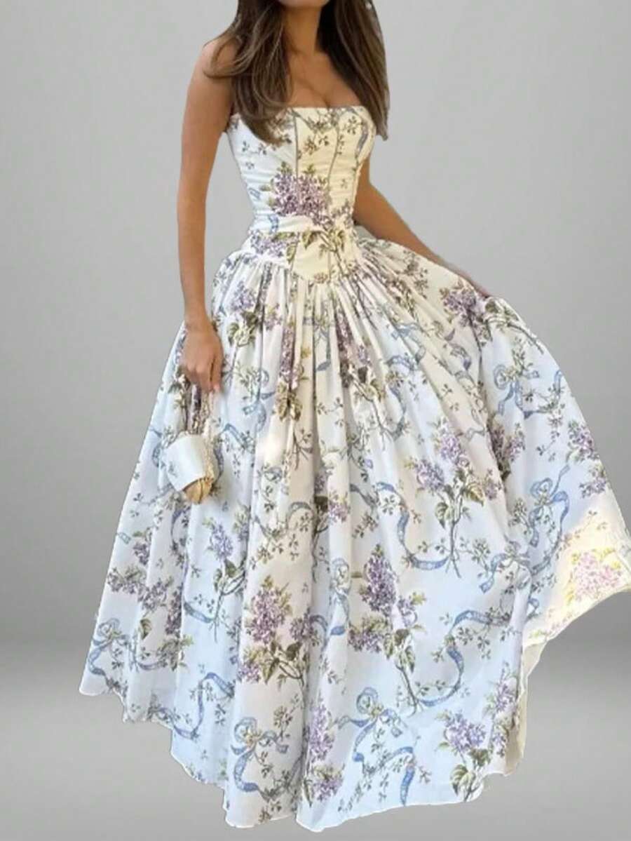 Vestido sin mangas primavera estampado combinado estilo europeo casual elegante para mujer - Dorado - Ver 1
