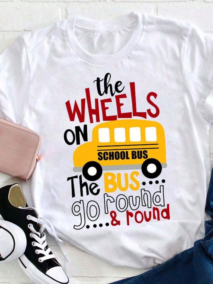 1 Pieza Camiseta con Estampado de Rueda de Autobús de 180g, Regalo de Agradecimiento para Maestras, Camiseta para Maestras, Camiseta Gráfica para Mujer, Regreso a Clases, Ropa para Maestras, Camiseta Casual de Cuello Redondo para Mujer, Camiseta Ajustada, Blusas para Mujer - Blanco - Ver 1