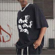 Camiseta Vintage Oversized para Hombre con Estampado de Murciélago, 100% Algodón Lavable, Estilo Streetwear, Lavado Ácido, Corte Holgado, Manga Corta, Estilo Y2K - Unisex para Mujer y Hombre, Ropa Casual para el Campus, Lavable y Bonita. - Negro - Ver 4