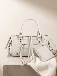 1pc Beige Splicing Rivets Inlaid Metal Tassels Zip Retro PU Material Small Bag Charms Loop Band Rivets Inlaid Sweet Cool Bikerbag Y2K Punk Square Bag - Beige - View 2
