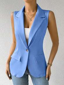 Blazer sin mangas de estilo elegante de color verde oliva para mujer, chaleco casual con solapa y botón en tela tejida lisa, corte regular - Celeste 2 - Ver 5