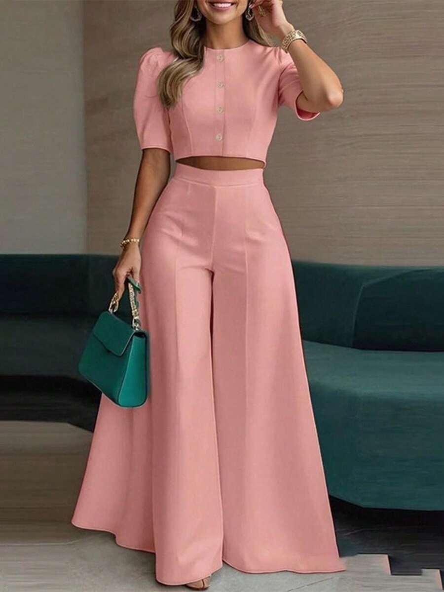 New Women's Clothing Fashion And Temperament Casual Elegant Short Blouse And Two-Piece Pants Suit - 粉色 - 查看 1