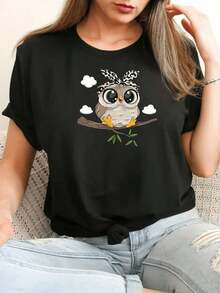 GiftWomen's Long Sleeve T-Shirt With Kawaii Owl Print, Fun And Cute Design For Autumn And Winter, Casual Clothing For Women, Plus Size, Soft Cotton Top - 黑色 - 查看 3