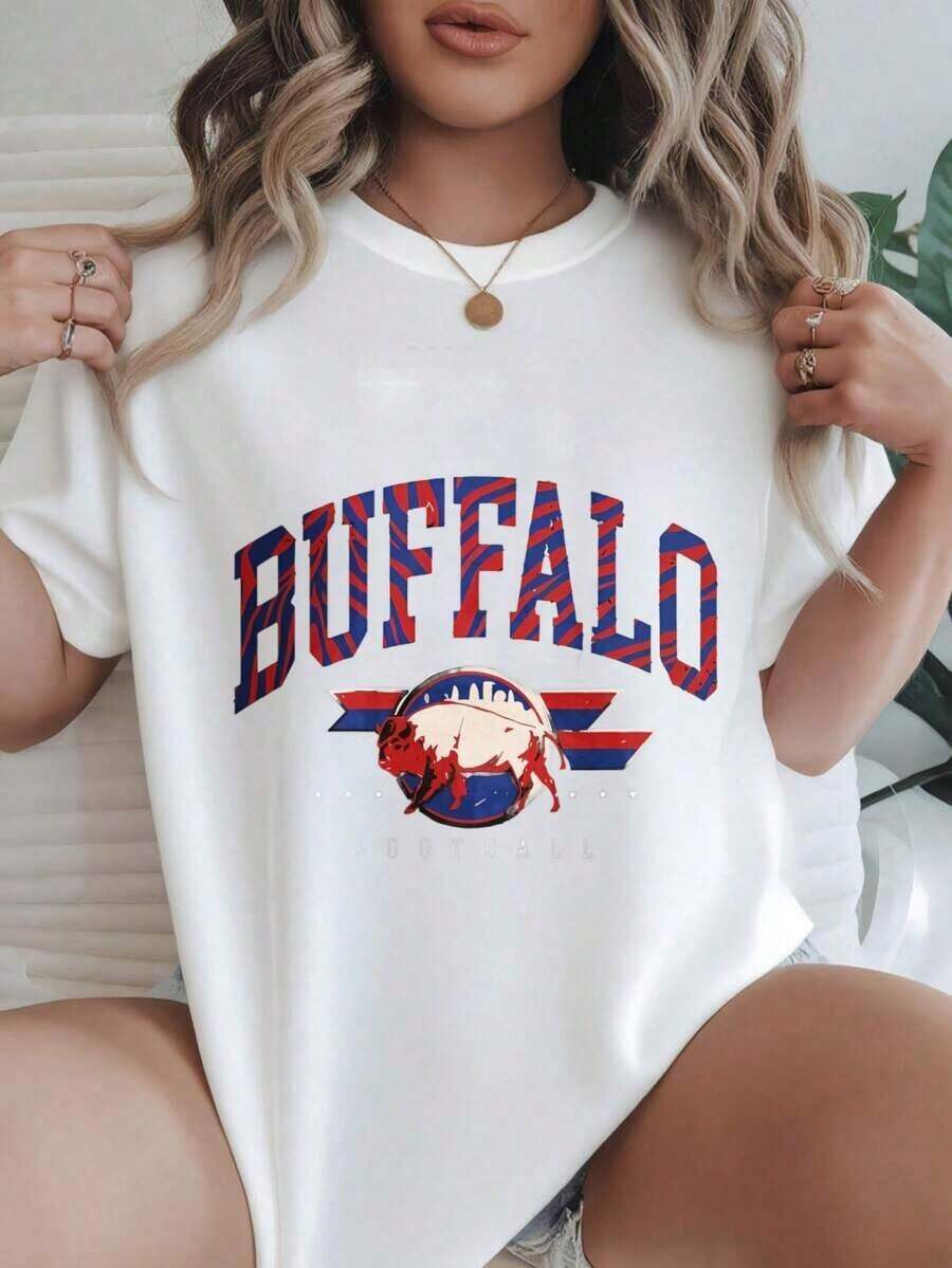 Camiseta Casual de Manga Corta para Mujer - Diseño con el Logo de Buffalo Bison, Cuello Redondo, Top de Verano, Lavable a Máquina, Camisetas para Damas, Ropa Casual, Estilo Moderno, Ajuste Cómodo  
 -Blanco - Blanco - Ver 1