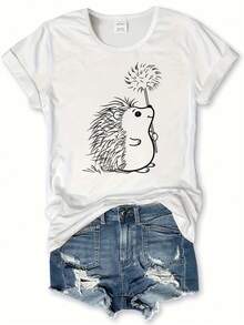 Women's 100% Cotton T-Shirts 2026 Hedgehog Print Round Neck T-Shirt, Casual Short Sleeve T-Shirt For Spring And Summer, Korean Style Women's Clothing - White - View 6