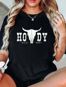 Camiseta de Mujer con Estampado de Cabeza de Vaquero, con Gráfico Blanco "HOWDY", Estilo Vintage Casual, Camiseta de Poliéster para Vestimenta Informal - Estilo Urbano Vintage, Unisex, de Algodón, Manga Corta, Cuello Redondo, Corte Holgado. blusas para mujer>ropablusas para mujer>ropa - Negro - Ver 6