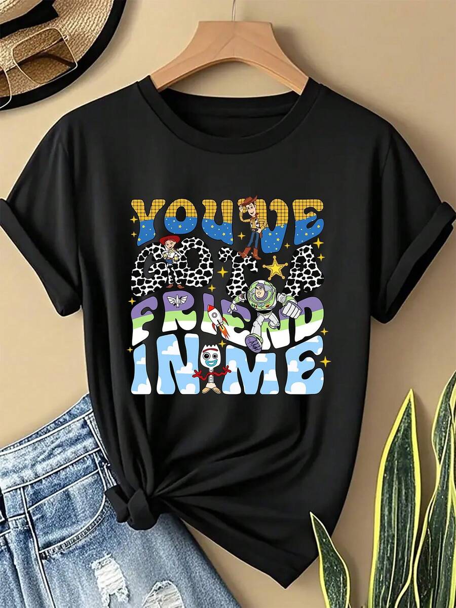 Disney Officially Authorized Ladies' T-Shirt-Toy Story Design Pattern Short Sleeve Round Neck Casual Shirt, Suitable For Spring And Summer, Soft Breathable Fabric, Suitable For Theme Activities And Daily Wear Unisex, Excellent Gift. - Black - View 1