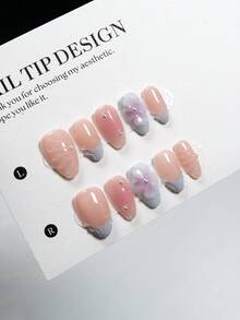 100% Handmade Short Almond Press On Nails, Hand-Carved 3D Flower & Shell Pattern With Nude Pink Base, Blue French Tip & Pearl Accents Glossy Fake Nails For Daily Wear, Dates, Bridal Weddings, Spring Outings & Casual Gatherings | Complete Nail Art Set Including 1 Nail File & Jelly Gel - Multicolor - View 3