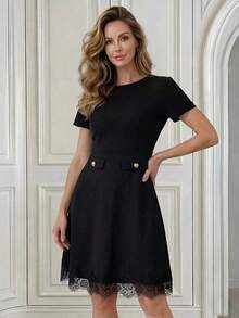 Vestido mini elegante y chic de mujer con unicolor, decoración de botones y encaje en la cintura, para el verano - Negro - Ver 4