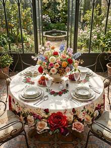 1pc Vintage Rose Floral Garden Print Tablecloth, Romantic European Farmhouse Style Polyester Rectangular/Oval Table Cover With Red Rose, White Rose, Flower Bouquet, Green Leaf Botanical Pattern, Decorative Dining Tablecloth - Multicolor - View 8