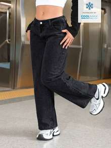 PETITE Pantalones vaqueros casuales de pierna ancha y bolsillos sueltos para mujer - Negro 2 - Ver 4
