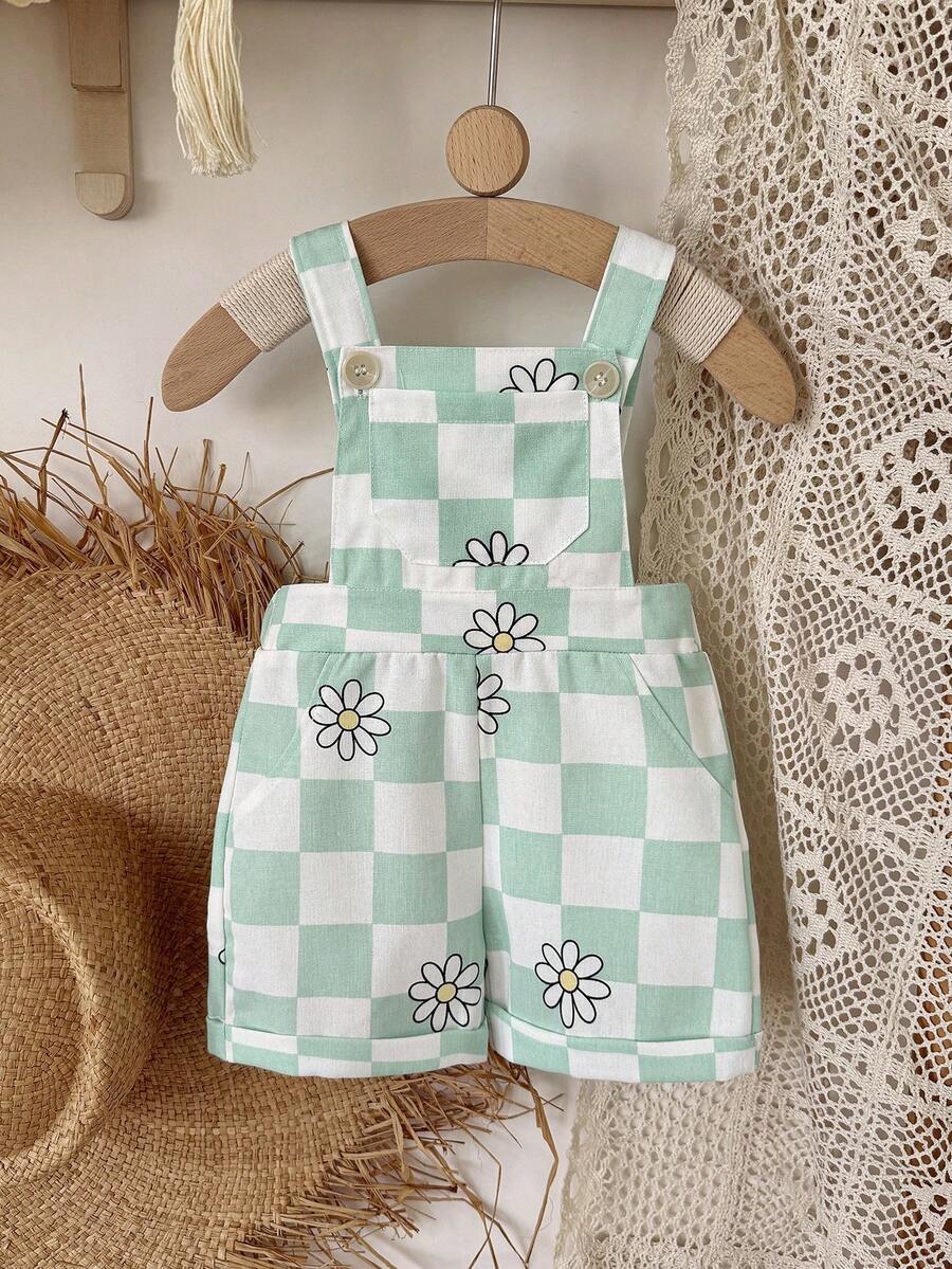 Baby Girls' Fresh Floral & Checkerboard Print Suspender Shorts Romper, Summer - Mint Green - View 1