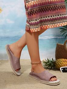 Open Toe Slip-On Espadrille Flats, Women's Casual Summer Beach Shoes, Comfortable Flat Sandals For Vacation - Purple - View 5