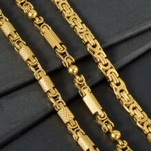 Pulsera de acero inoxidable de 22cm con textura chapada en oro de 18K estilo retro clásico, unisex, adecuada para uso diario y fiestas, joyería cool de hip-hop y punk - Dorado - Ver 1