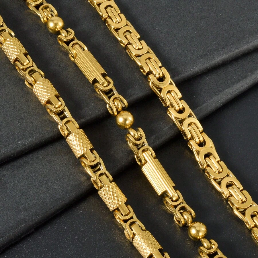 Pulsera de acero inoxidable de 22cm con textura chapada en oro de 18K estilo retro clásico, unisex, adecuada para uso diario y fiestas, joyería cool de hip-hop y punk - Dorado - Ver 1