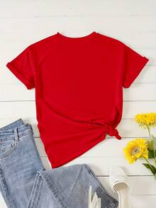 Camiseta suave 100% algodón. Nuevo diseño de moda para mujer con cuello redondo y un estampado artístico de lazo, perfecta para un atuendo casual y cómodo con una versátil camiseta de manga corta. Camiseta de algodón transpirable, combina con todo. - Rojo - Ver 2