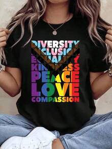 Diversity Inclusion Equality Kindness Peace Love Compassion Pride Rainbow T-Shirt For Women And Men LGBTQ Plus Size Casual Wear For Pride Month, Festival Celebrations And Everyday Wear. - 黑色 - 查看 1