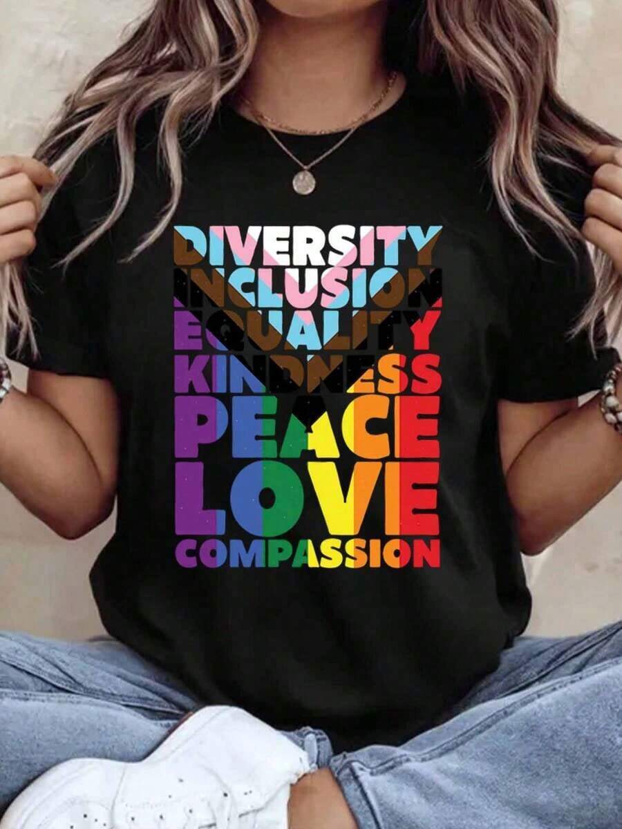 Diversity Inclusion Equality Kindness Peace Love Compassion Pride Rainbow T-Shirt For Women And Men LGBTQ Plus Size Casual Wear For Pride Month, Festival Celebrations And Everyday Wear. - 黑色 - 查看 1