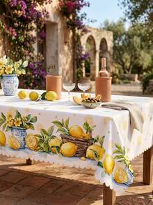 1 Set Lemon & Sunflower Printed Tablecloth, Mediterranean Summer Style, Made Of High-Quality Polyester Fabric, Round/Oval Shape, Waterproof, Oil-Proof, Wrinkle-Resistant, Dust-Proof, Reusable And Washable, Decorated With Ruffled Lace Trim, Soft And Durable, Suitable For Indoor And Outdoor, Daily Dining Room Decor - Multicolor - View 3
