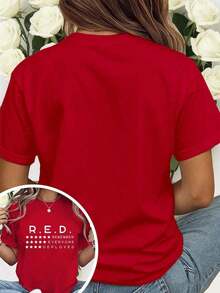 Plus Size - "Friday In Red: Remembering All Deployed Personnel" T-Shirt, Red Friday Commemoration T-Shirt, Fashionable Loose Fit Top For Women, Comfortable For Everyday Wear, Suitable For Casual Activities, Breathable And Slightly Stretchy, Machine Washable 2026 - 紅色 - 查看 2
