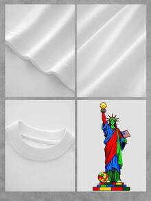 Colorful Image Of The Statue Of Liberty Holding A Golden Globe And An American Flag Above Multicolored Blocks Symbolizing Unity And Diversity. Women's T-Shirt, 100% Cotton, Comfortable And Modern For Casual Wear - 白色 - 查看 4