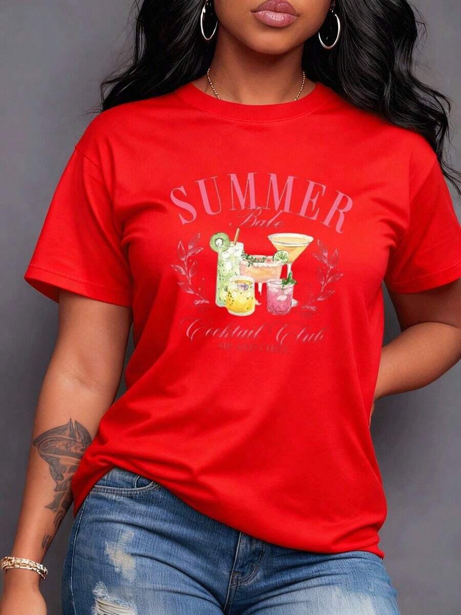 Vibrant Cocktail Graphic With The Phrase Summer Babe Cocktail Club Sip And Chill, Perfect For Summer Relaxation And Sunny Moments Surrounded By Leafy Branches. Very Cool And Feminine. Women's T-Shirt 220g, Maija Women Curvy. - 紅色 - 查看 1