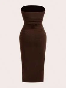 Vestido sin tirantes de mujer con tejido de punto colorido - Marrón - Ver 6