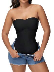 Strapless Shapewear Bodysuit For Women With Built-In Bra Silicone Anti-Slip Tummy Control Thong Corset Underbust Push Up Underwear Invisible For Wedding Dresses - 黑色 - 查看 9