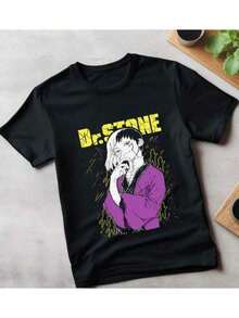 Camiseta Casual de Manga Corta con Cuello Redondo para Hombre, Estampado de Anime, Camiseta de Manga Corta para Primavera y Verano, Camiseta Cómoda con Cuello Redondo, Camiseta de Anime Dr. Stone para Hombre - Ryusui Asagiri & Senku Ishigaki, Camiseta Oficial con Arte de Manga y Texto Japonés - Camiseta Casual Suave con Cuello Redondo para Convenios y Ropa Casual - Camiseta Lavada Vintage para Todas las Temporadas Y2k Camiseta Verano Camisa De - Negro - Ver 1