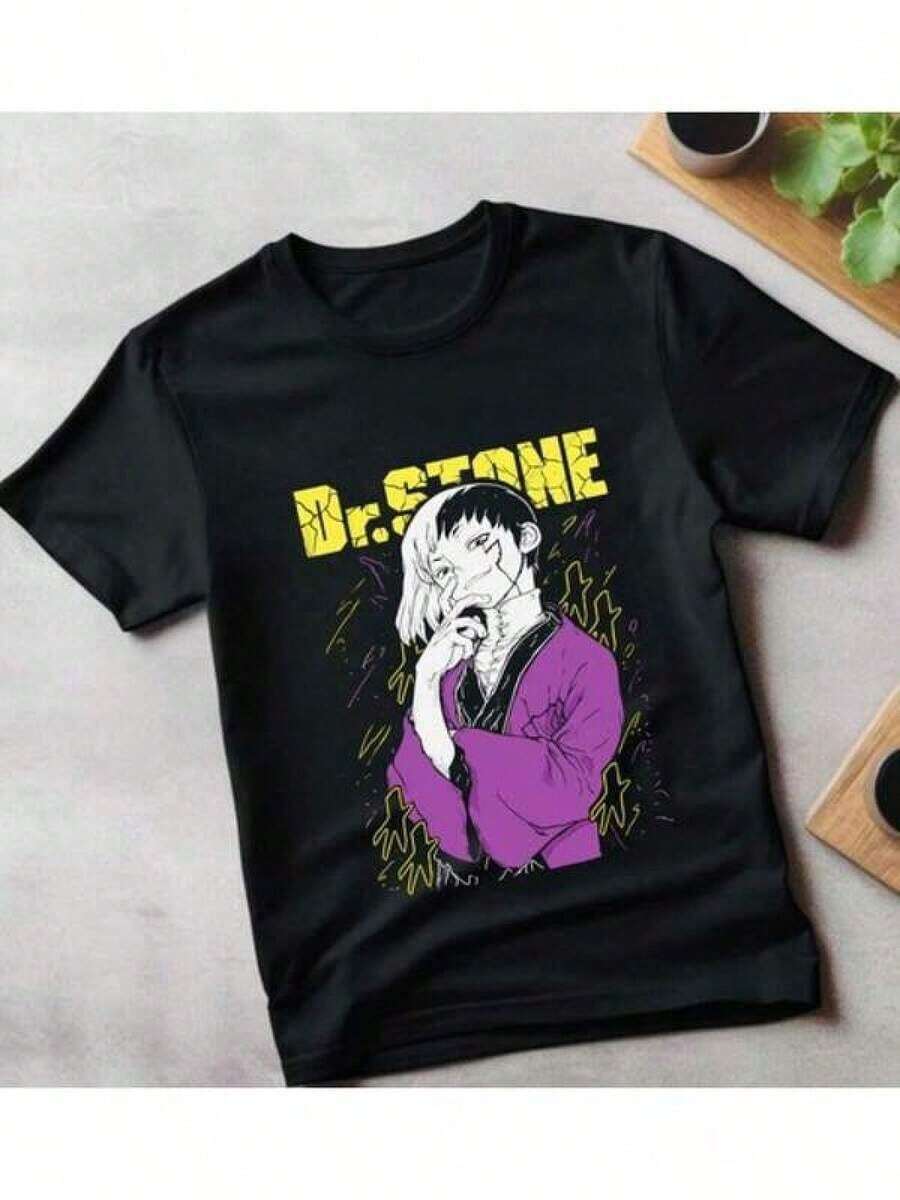 Camiseta Casual de Manga Corta con Cuello Redondo para Hombre, Estampado de Anime, Camiseta de Manga Corta para Primavera y Verano, Camiseta Cómoda con Cuello Redondo, Camiseta de Anime Dr. Stone para Hombre - Ryusui Asagiri & Senku Ishigaki, Camiseta Oficial con Arte de Manga y Texto Japonés - Camiseta Casual Suave con Cuello Redondo para Convenios y Ropa Casual - Camiseta Lavada Vintage para Todas las Temporadas Y2k Camiseta Verano Camisa De - Negro - Ver 1