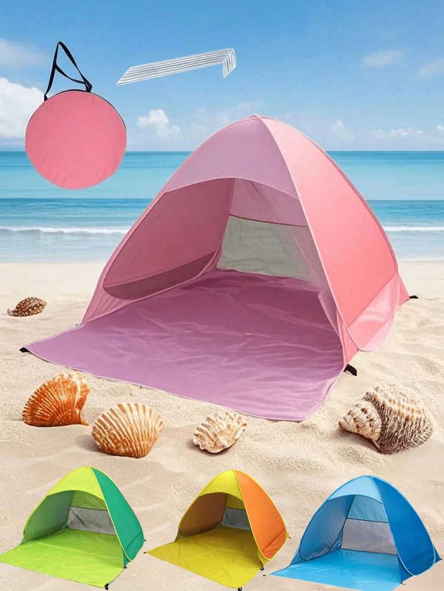 1pc Quick-Open Beach Camping Tent - Spacious Outdoor Sunshade, Includes Storage Bag, Suitable For Family And Friends, Blue Triangle Design, Polyester Fabric, Perfect For Beach, Camping, Hiking, Camping Essential - Multicolor - View 1