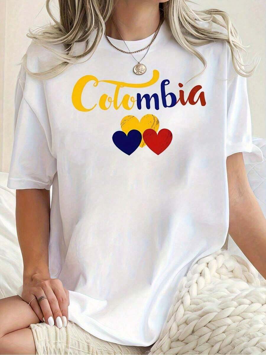 Camiseta Casual de Manga Corta FashionWo, con Texto en Español y Estampado de Corazones Coloridos | Camiseta de Verano Transpirable de Cuello Redondo, Lavable a Máquina, Blanca, Adecuada - Blanco - Ver 1