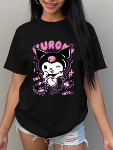 Blusas para mujer y playeras de mujer, vestidos casuales para mujer y blusas casuales para dama, remera negra con personaje kawaii en tonos morado y rosa, diseño divertido y tierno ideal para fans y looks casuales - Negro - Ver 12