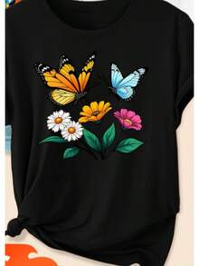 Conjunto de Primavera y Verano con Estampado Floral de Mariposas Vibrantes para Mujer, Cuello Redondo y Manga Corta, Estilo Retro, Camiseta de una sola pieza, no es un conjunto de 3 piezas.Blusas Elegantes y Dulces para Fiestas y Uso Diario, Blusas Versátiles para Mujer Tallas S-XXXL, para San Valentín y Pascua. Camiseta holgada, casual y versátil. - Negro - Ver 2