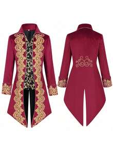 Frack, Medieval Retro Clothing, Mid-Length Punk Men's Coat - Lace Tuxedo Style 2, Red - View 10