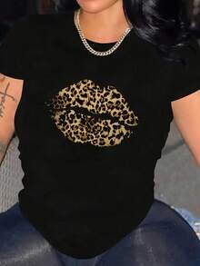 Camiseta Casual Negra de Manga Corta para Mujer con Diseño de Labios con Estampado de Leopardo - Cuello Redondo, Elasticidad Media, Lavable a Máquina, Ajuste Cómodo para Todas las Temporadas, Moda para el Día a Día, Camiseta con Gráficos Atrevidos, Material Elástico Cómodo, Camiseta Y2k - Blanco - Ver 1