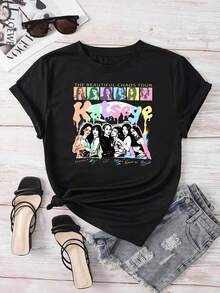 New Women's Summer Casual T-Shirt With Catseye Print, Short Sleeve T-Shirt With Band/Graphic/Anime/Cartoon/Text Print For Women, Cotton Crew Neck, Suitable For Daily Wear, Perfect Holiday Gift, Birthday Gift, Vintage Style, Unisex, Classic And Nostalgic, Versatile And Fashionable, Suitable For Street Style, Made Of Comfortable Cotton Fabric With A Soft And Delicate Feel. With A Simple Yet Modern Design, Machine Washable - Versatile T-Shirt For Everyday Wear And Special Occasions - Urban Vintage Style, Unisex, Cotton, Short Sleeve, And Crew Neck. - 黑色 - 查看 1