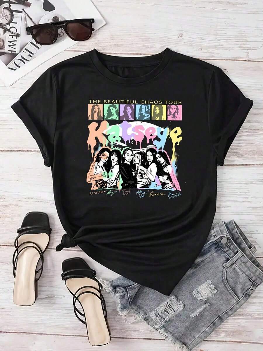 New Women's Summer Casual T-Shirt With Catseye Print, Short Sleeve T-Shirt With Band/Graphic/Anime/Cartoon/Text Print For Women, Cotton Crew Neck, Suitable For Daily Wear, Perfect Holiday Gift, Birthday Gift, Vintage Style, Unisex, Classic And Nostalgic, Versatile And Fashionable, Suitable For Street Style, Made Of Comfortable Cotton Fabric With A Soft And Delicate Feel. With A Simple Yet Modern Design, Machine Washable - Versatile T-Shirt For Everyday Wear And Special Occasions - Urban Vintage Style, Unisex, Cotton, Short Sleeve, And Crew Neck. - 黑色 - 查看 1