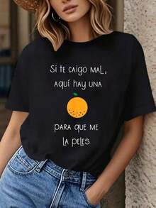 Women's T-Shirt With Slogan In Spanish: "If You Don't Like Me, Here's One For You To Get Rid Of" (If I Don't Like You, Here's A Curse In Spanish) - Funny T-Shirt With Phrase In Spanish, Orange Accent And Text In Spanish, Short Sleeve, Round Neck, Casual, For Everyday Summer Use. - 黑色 - 查看 1