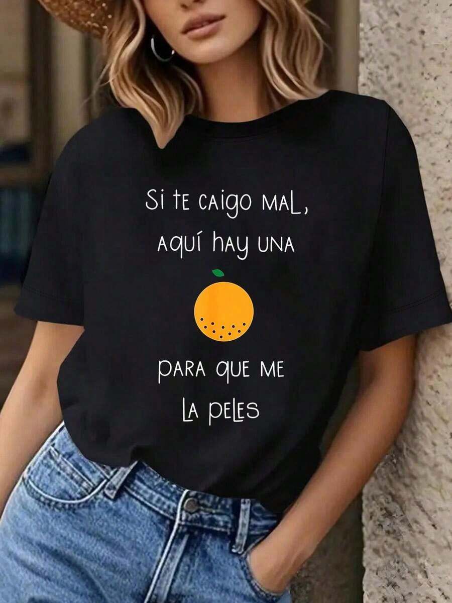 Women's T-Shirt With Slogan In Spanish: "If You Don't Like Me, Here's One For You To Get Rid Of" (If I Don't Like You, Here's A Curse In Spanish) - Funny T-Shirt With Phrase In Spanish, Orange Accent And Text In Spanish, Short Sleeve, Round Neck, Casual, For Everyday Summer Use. - 黑色 - 查看 1