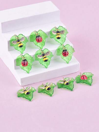 10pcs Mixed Style Acrylic Leaf, Ladybug, Bee Shaped Alloy Jewelry Pendant, DIY Earrings, Necklace Accessories For Women