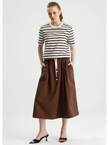 RoseArya Cotton Contrast Ecru Collar Brown Striped T-Shirt - Brown - View 2