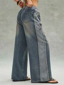 Jeans de pierna ancha de uso diario versátil con cintura con cordón y parche de estrella de cinco puntas para mujer - Azul lavado medio - Ver 6
